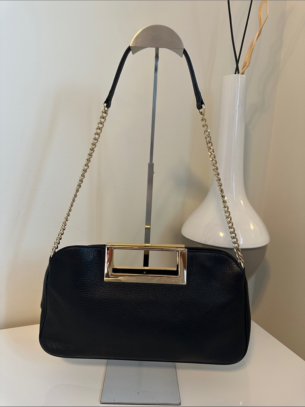 Michael Kors Berkley Large Black Leather Clutch Bag Gold Handle Retails 30S4GBKC